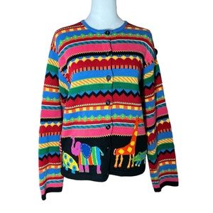 Vintage Susan Bristol multicolor cardigan sweater felted zoo animals sz large